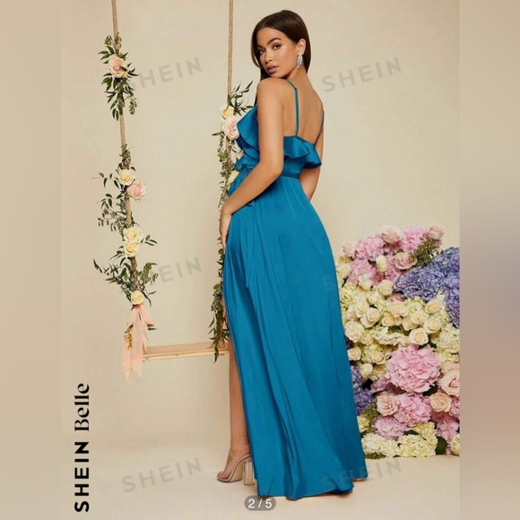 BNWT Blue Maxi Dress SHEIN Tie Up Wrap Dress Adjustable Straps Elegant Wedding - Picture 2 of 4